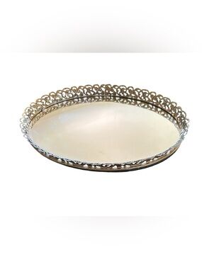 Vintage Filagree Oval Vanity Mirrored Tray Hollywood Regency Cottagecore Decor